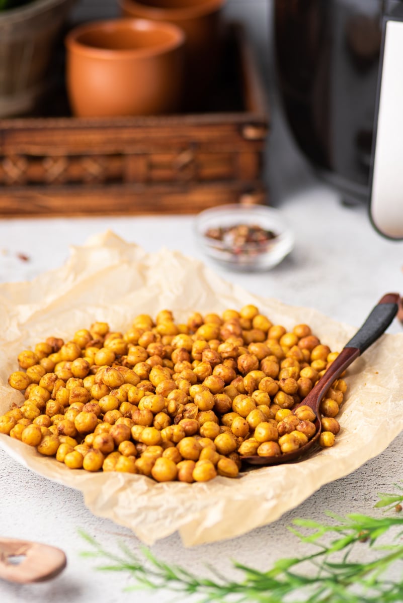 crispy chickpeas in a bowl with a spoon