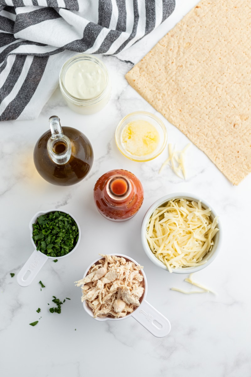 ingredients displayed for buffalo chicken flatbread