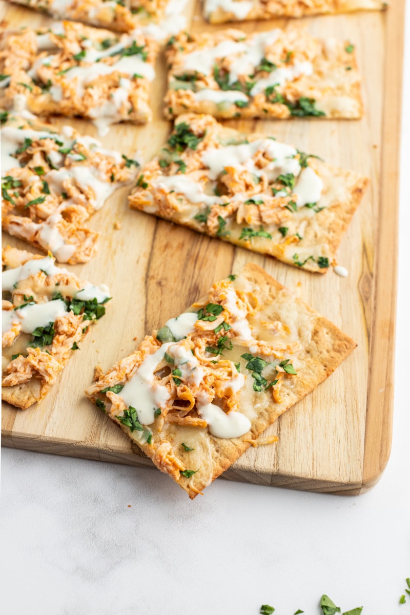 buffalo chicken flatbread on a cutting board