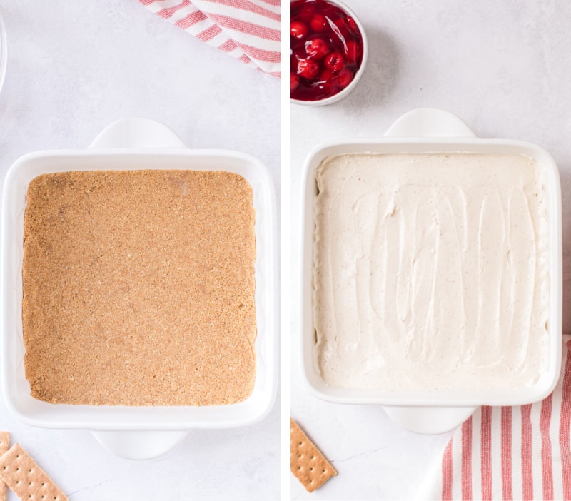 two photos showing crust and filling in pan for cheesecake bars