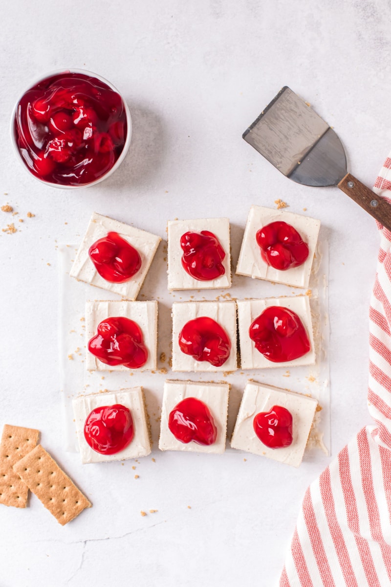 overhead shot of cherry cheesecake bars