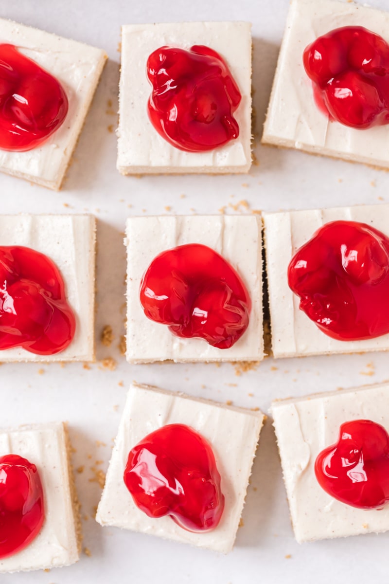 overhead shot of no bake cherry cheesecake bars