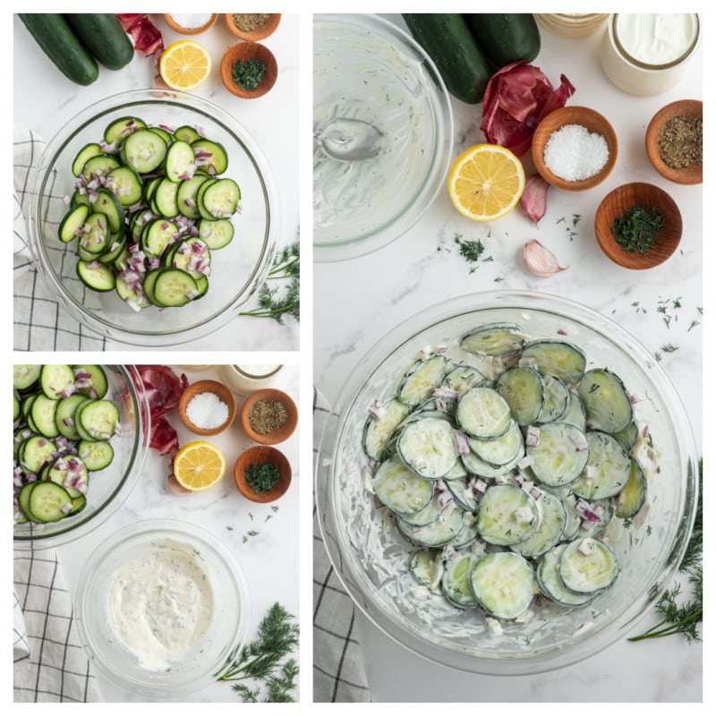three photos showing process of making cucumber salad