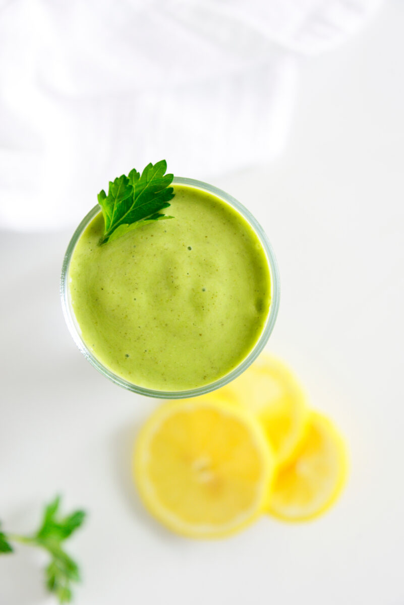 overhead shot of green smoothie