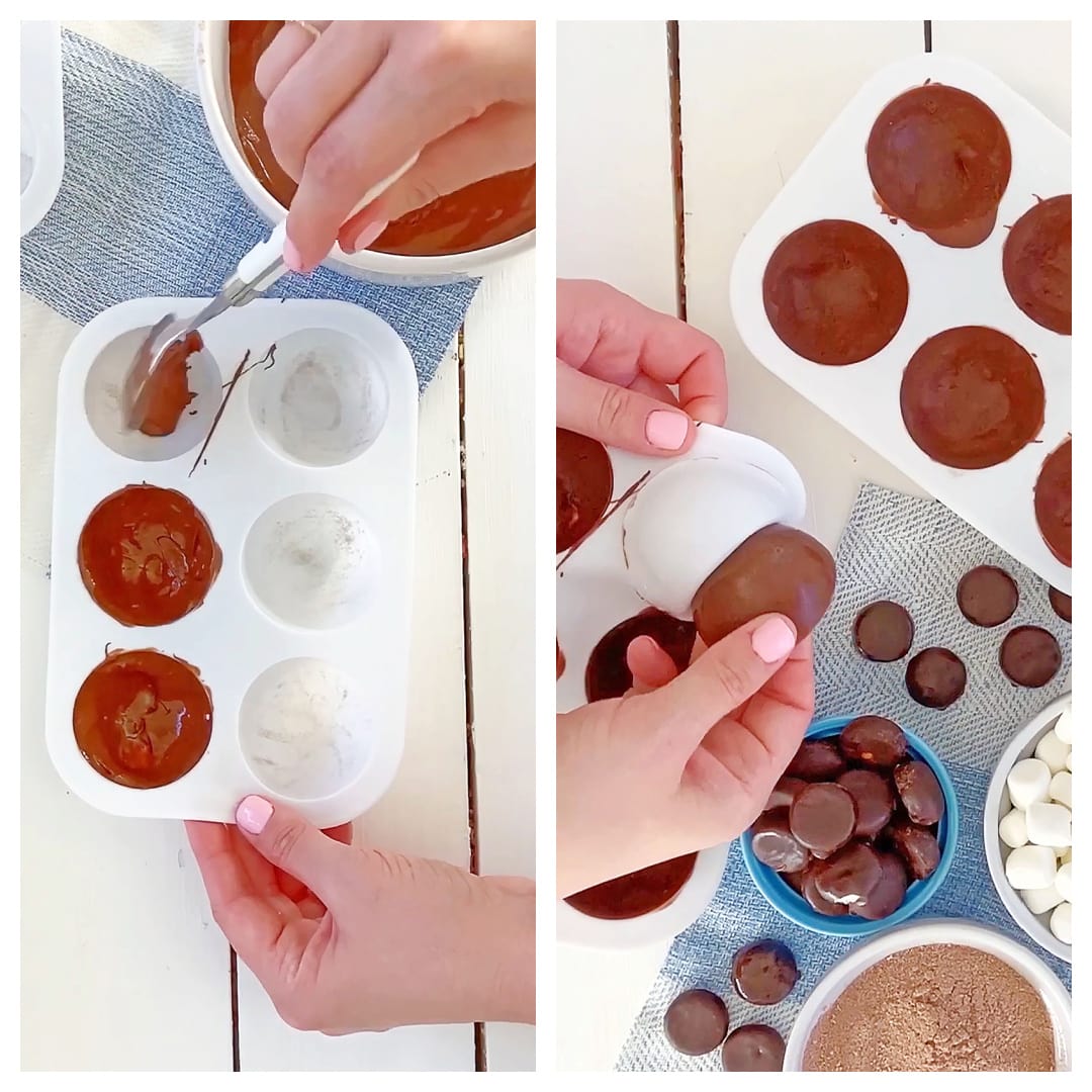 brushing chocolate into candy molds