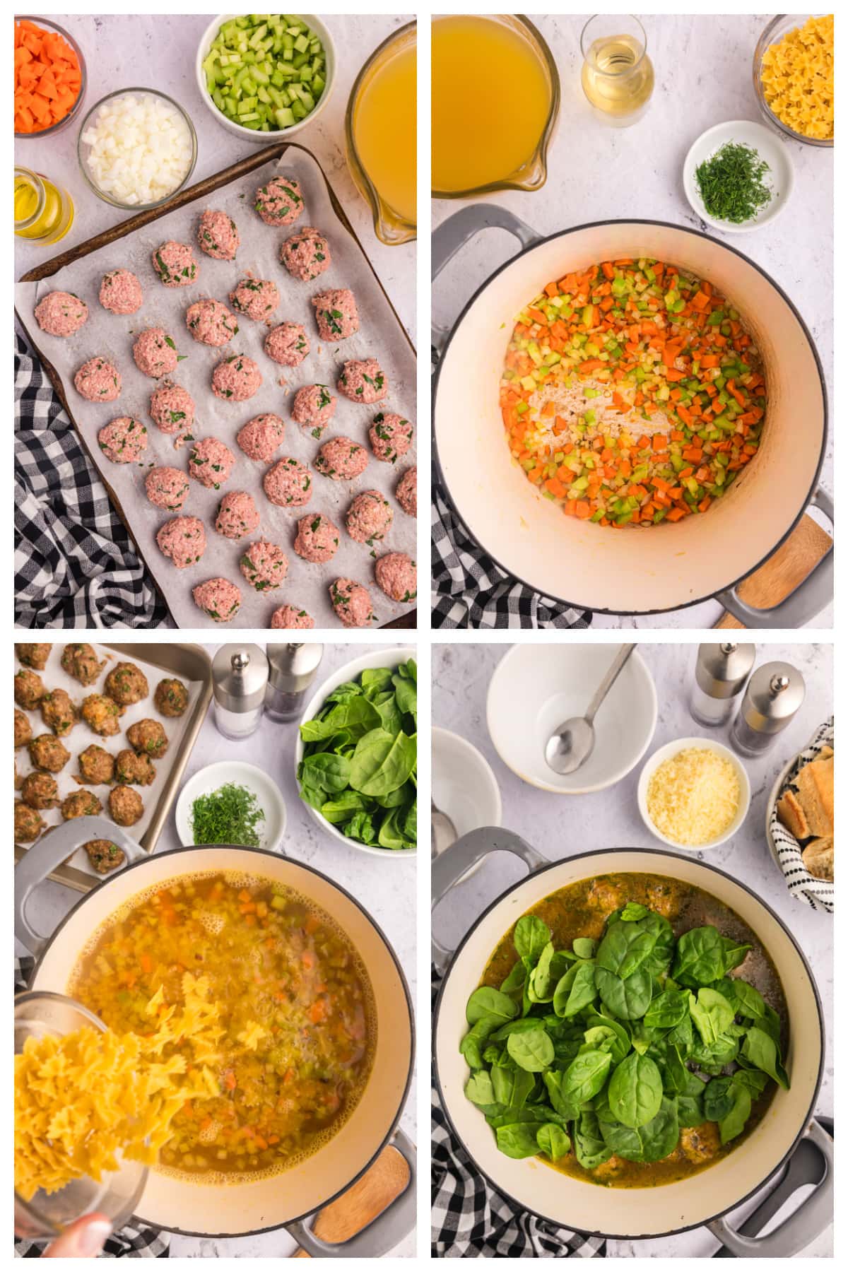 four photos showing how to make italian wedding soup