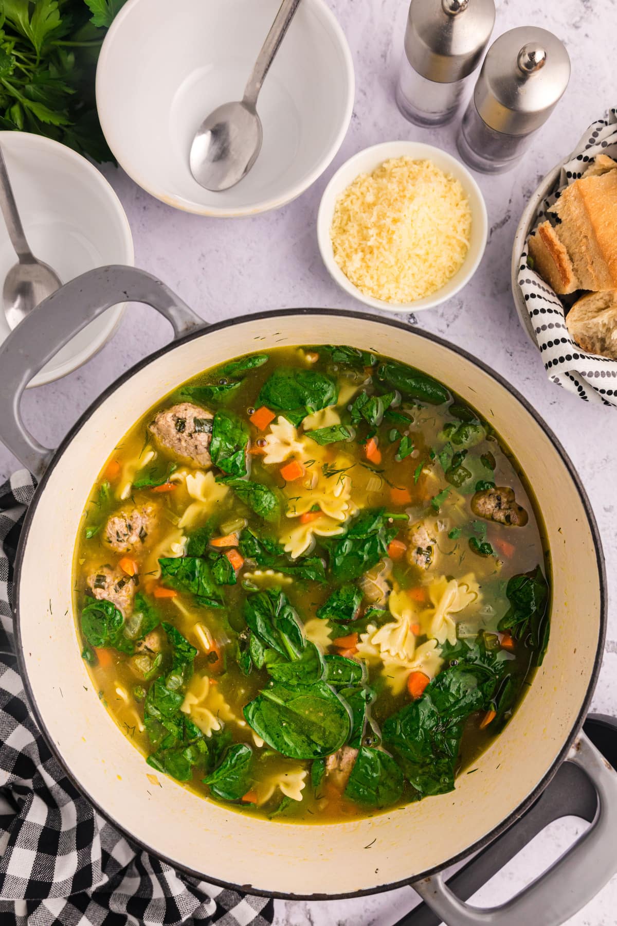 overhead shot of pot of italian wedding soup