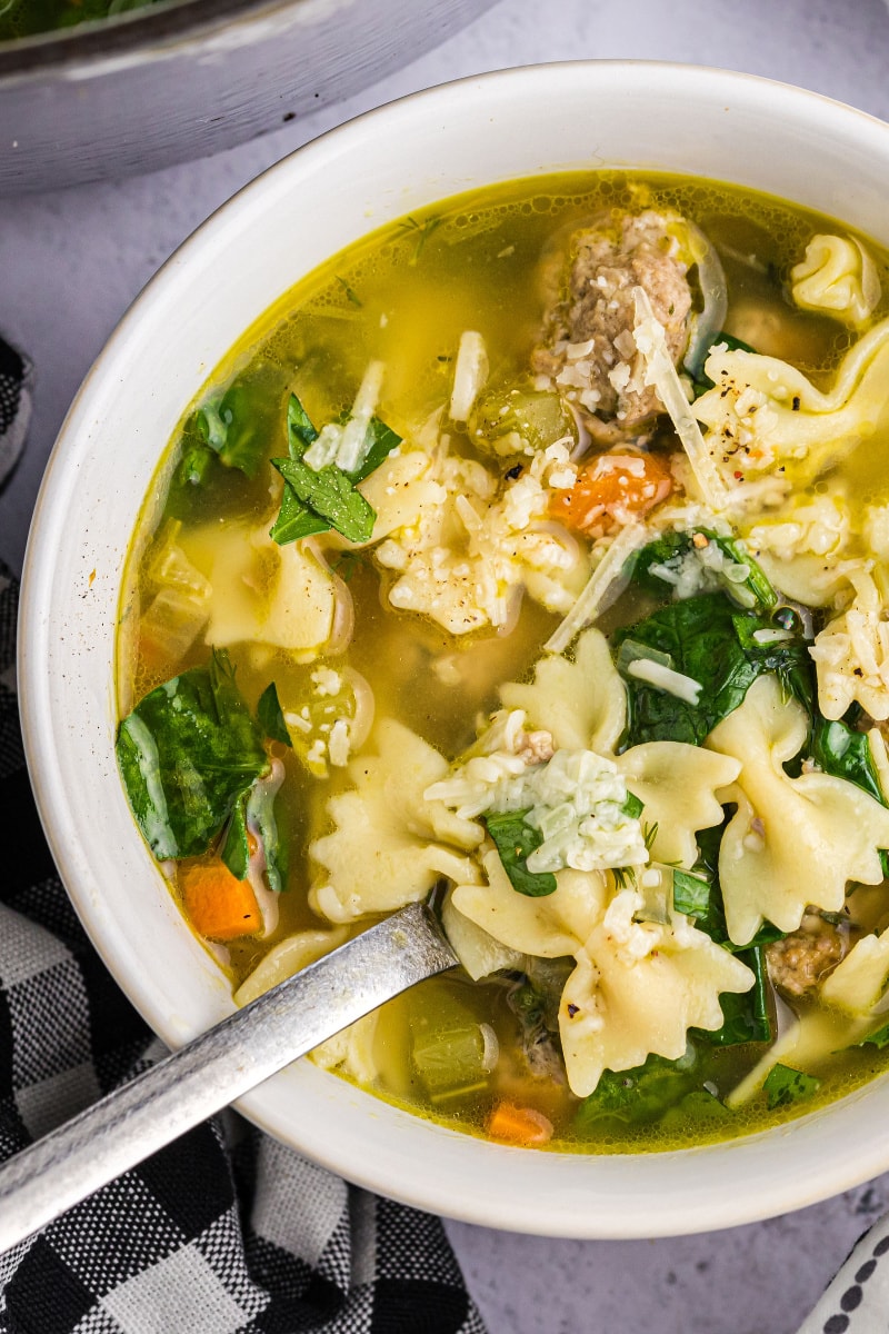 italian wedding soup in bowl with spoon