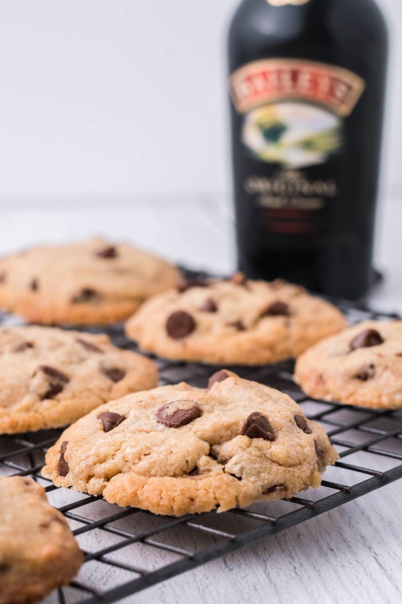 baileys chocolate chip cookies on a cooling rack