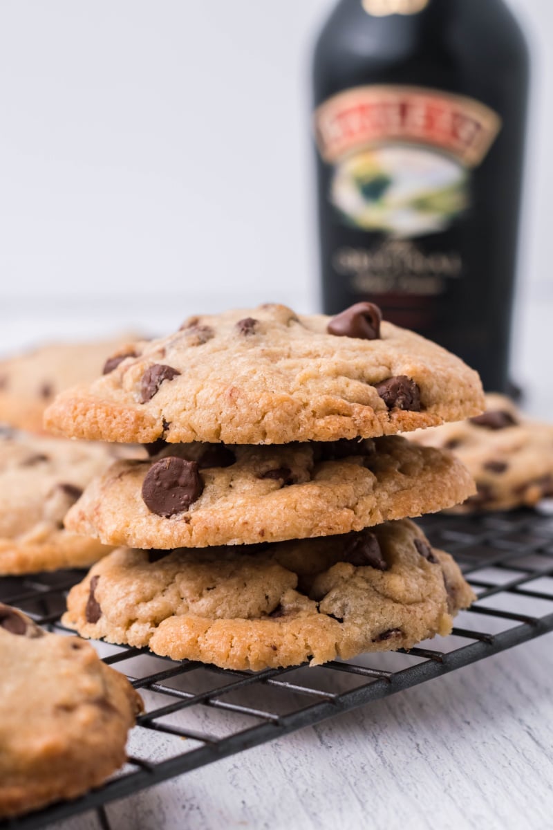 baileys chocolate chip cookies on a cooling rack