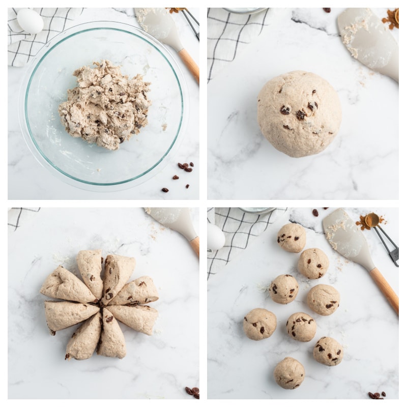 bagel dough in bowl, then ball of dough, then cut, then rolled