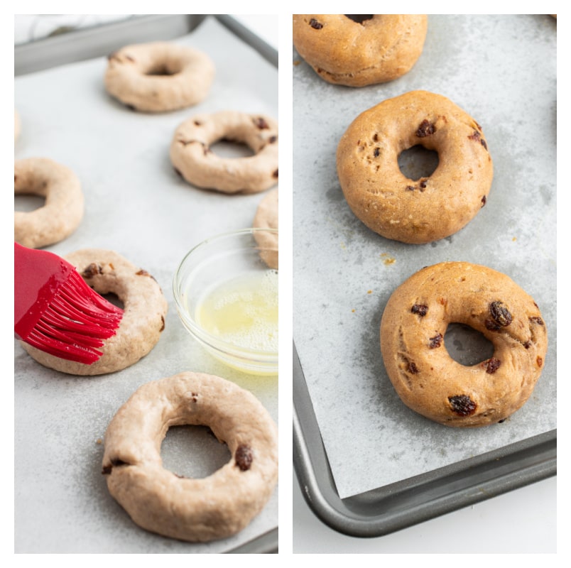 cinnamon raisin bagels on baking sheet and then baked