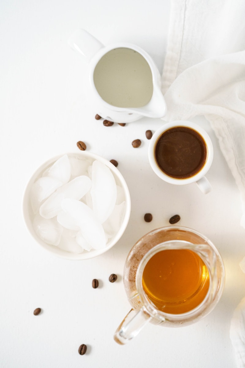 ingredients displayed for making iced vanilla latte