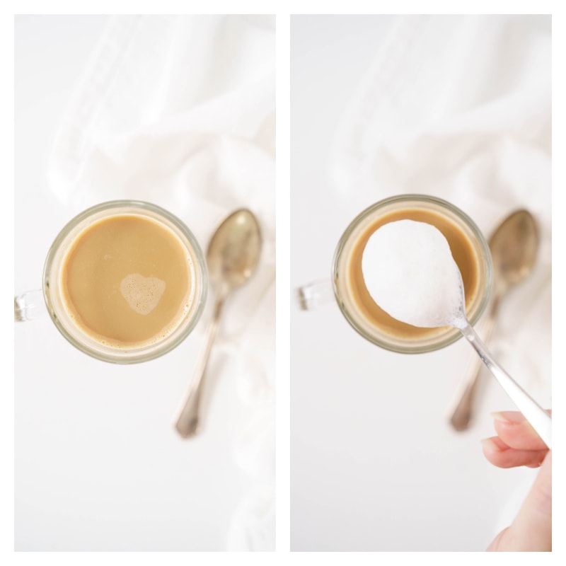 overhead shot of coffee in mug and then foam on top