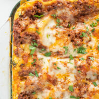 classic beef lasagna in casserole dish