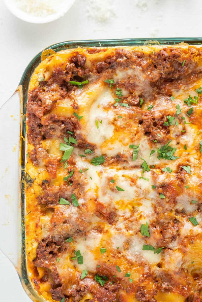 classic beef lasagna in casserole dish