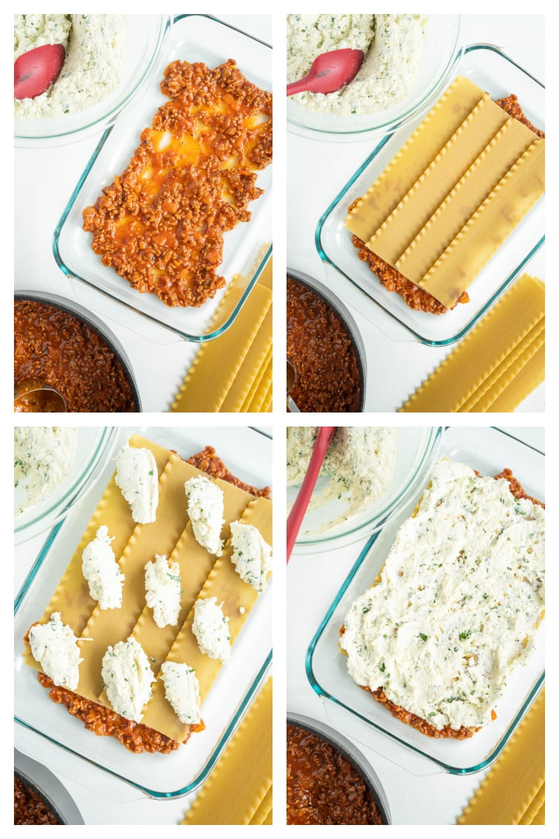 four photos showing process of making lasagna