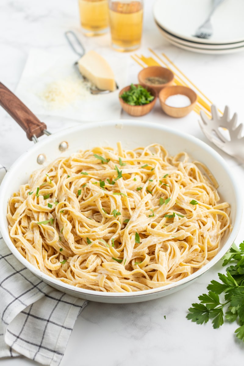 fettuccine alfredo in a skillet