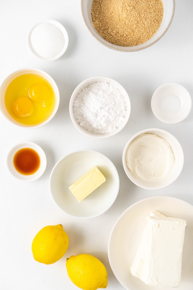 ingredients displayed for making lemon cheesecake bars