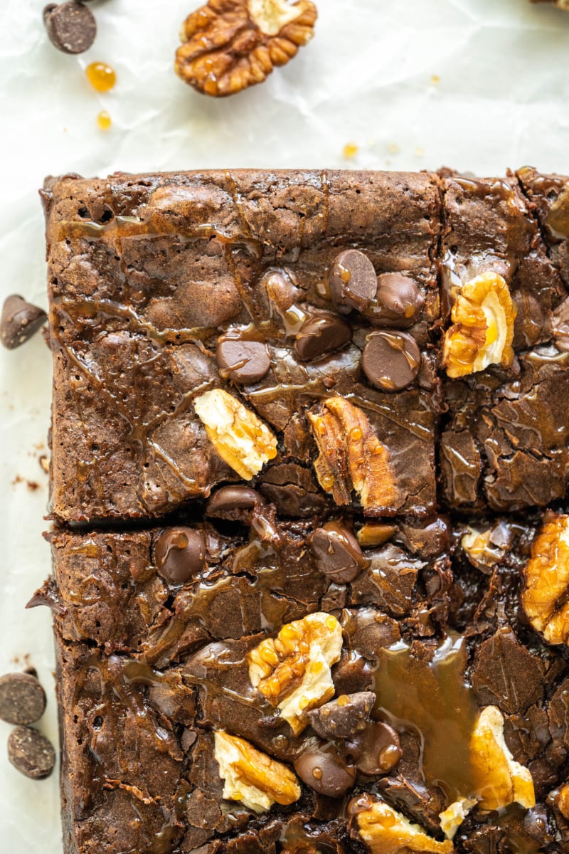 close up overhead shot of turtle brownies