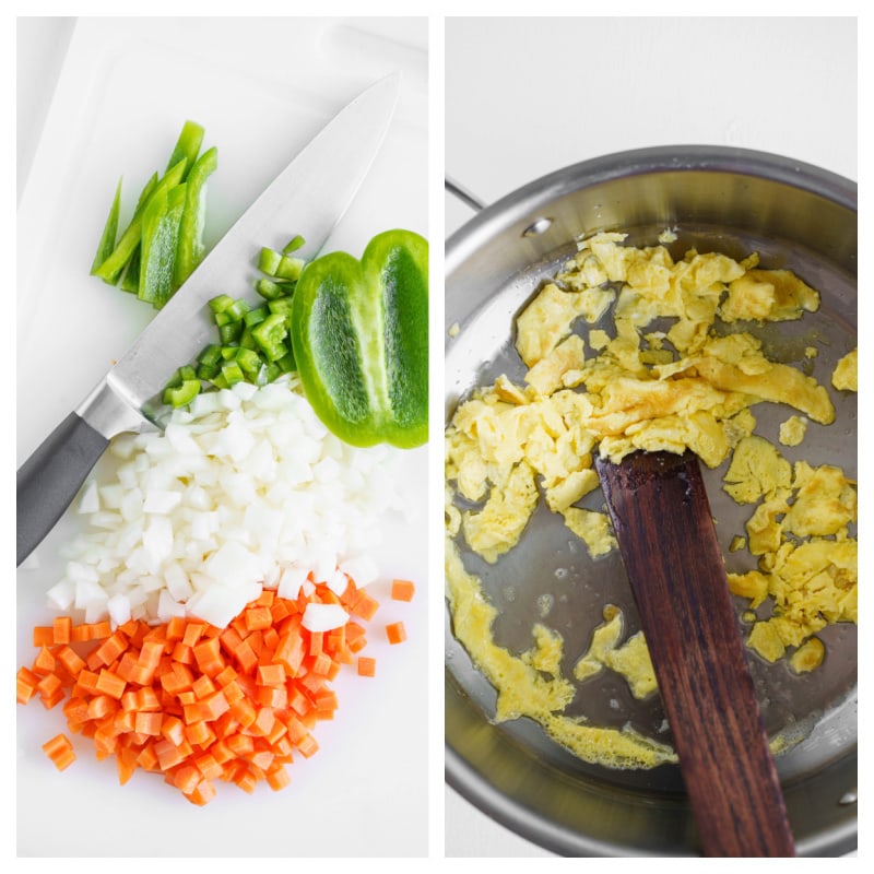 chopped veggies in a skillet and cooked egg in a skillet