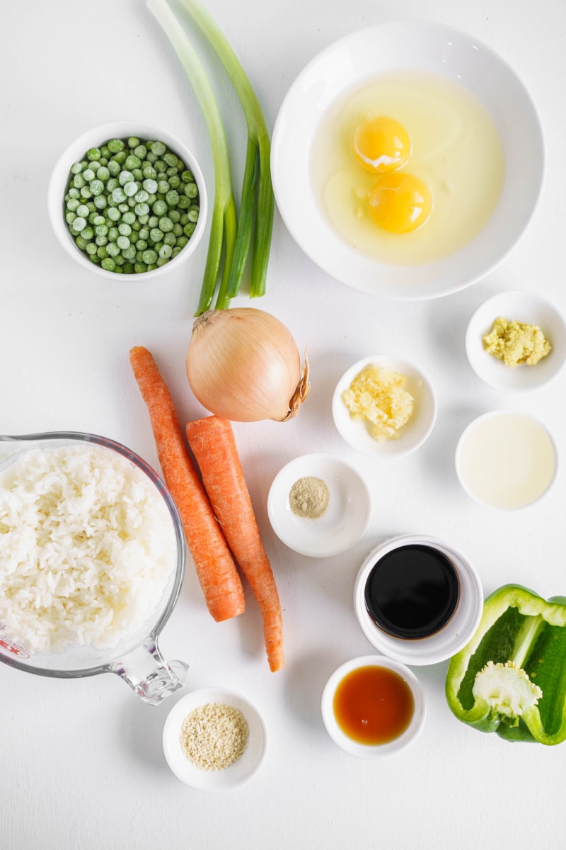 ingredients displayed for vegetable fried rice