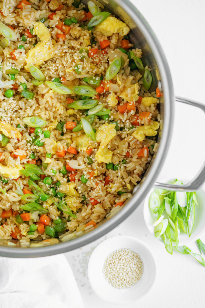 vegetable fried rice in skillet