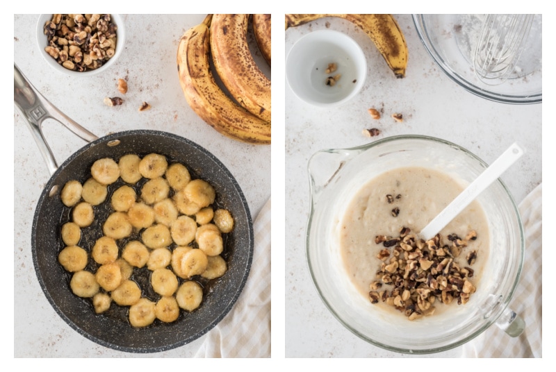 banana slices in pan and pancake batter