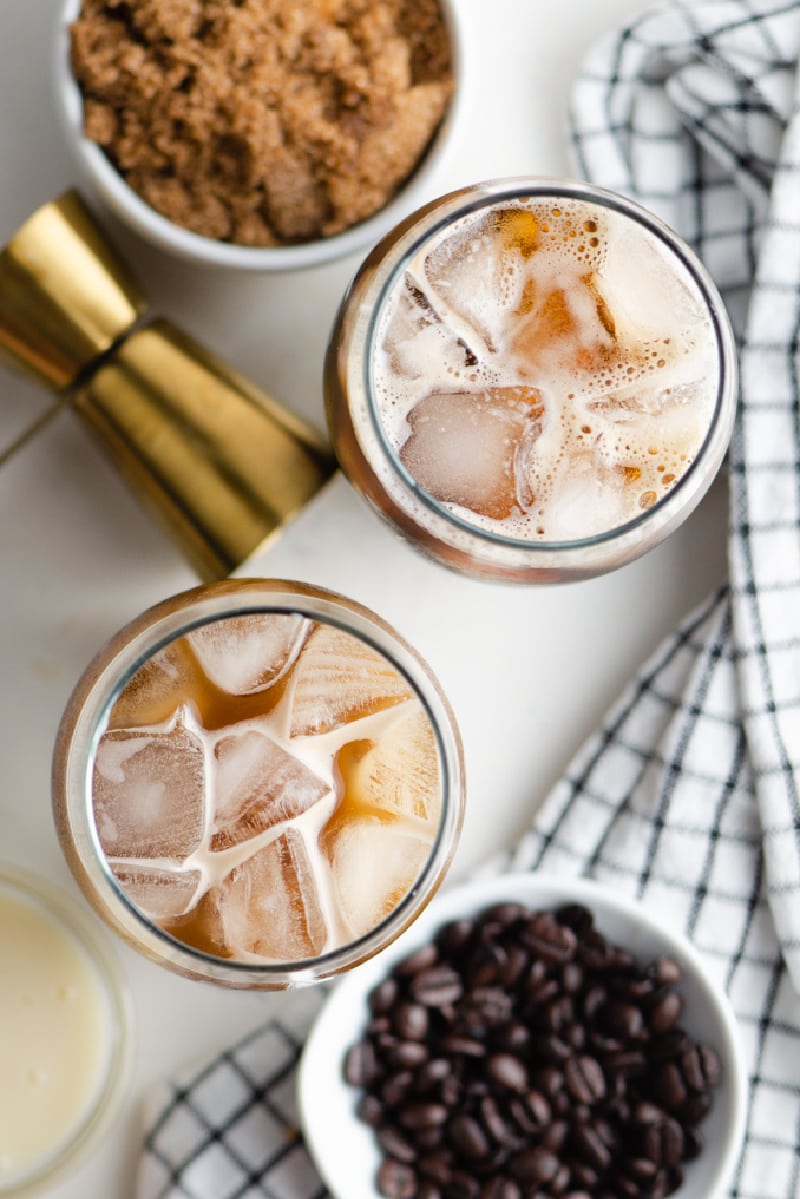 overhead shot of two iced coffees