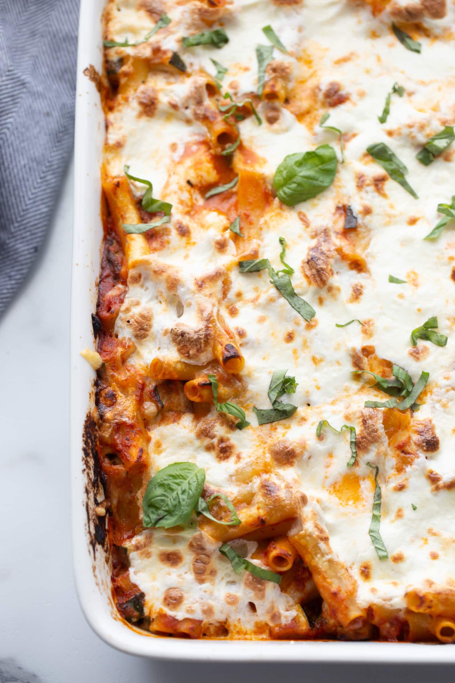 burrata baked ziti in white casserole dish