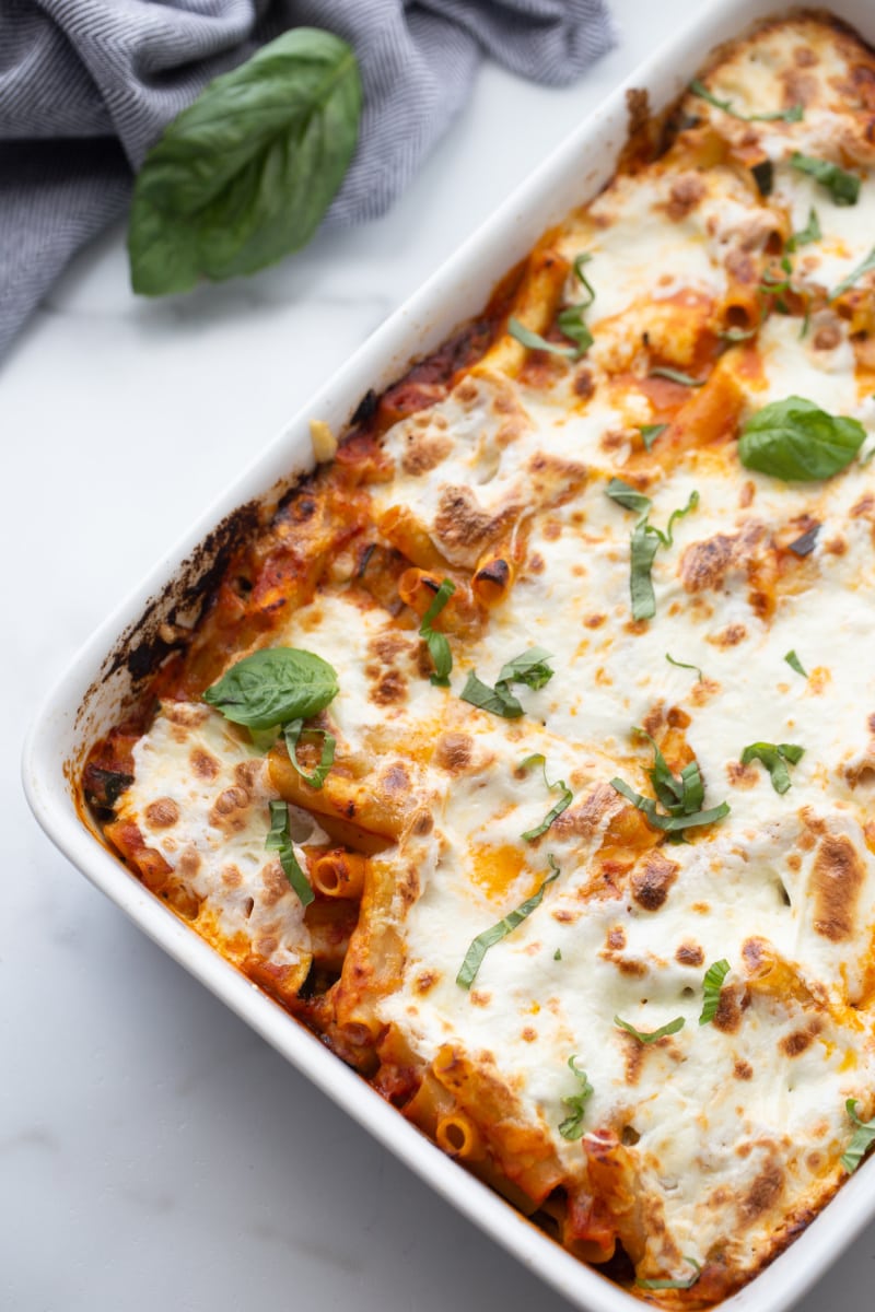 burrata baked ziti in white casserole dish