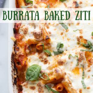 pinterest image for burrata baked ziti