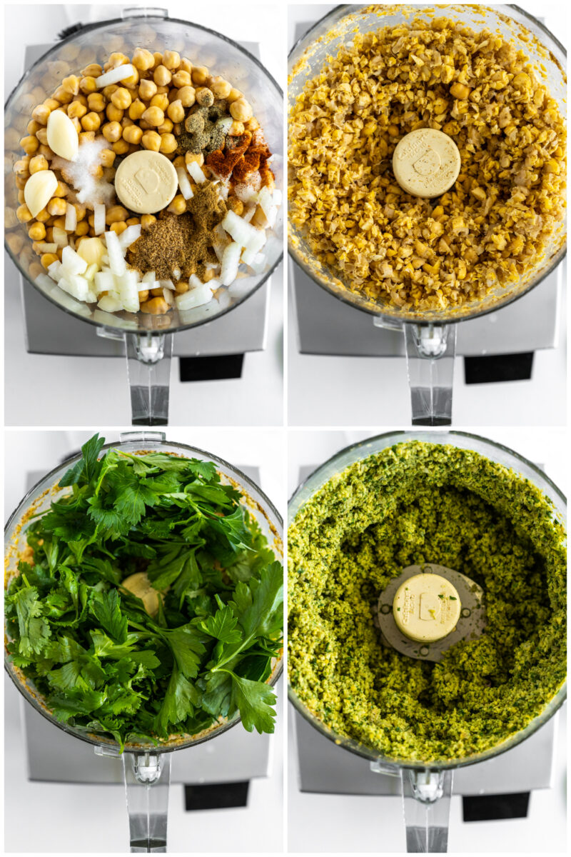 four photos showing process of how to make falafel in food processor