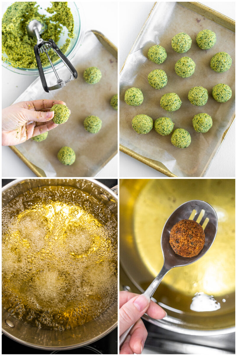 four photos showing how to make falafel, rolling into balls and deep frying