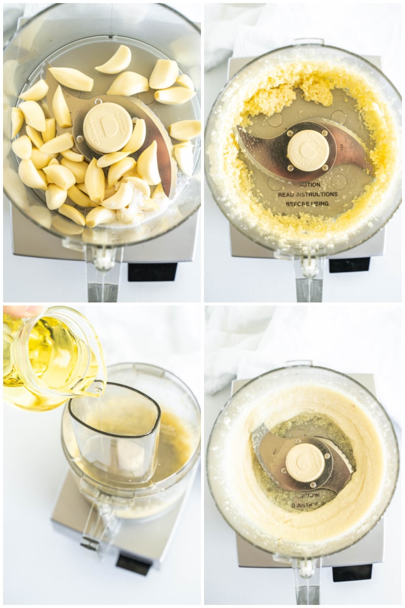 four process photos showing how to make lebanese garlic sauce in the food processor