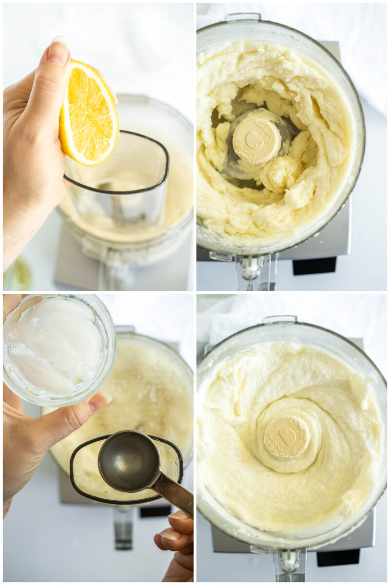 four photos showing process of making lebanese garlic sauce in food processor