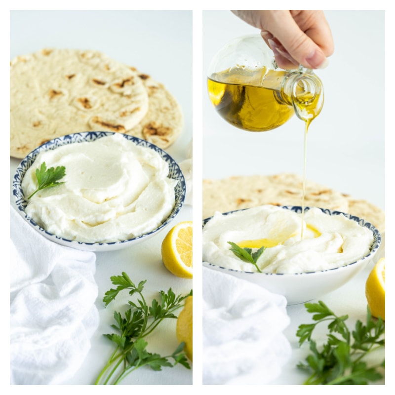 two photos showing garlic sauce in bowl and then olive oil poured into bowl