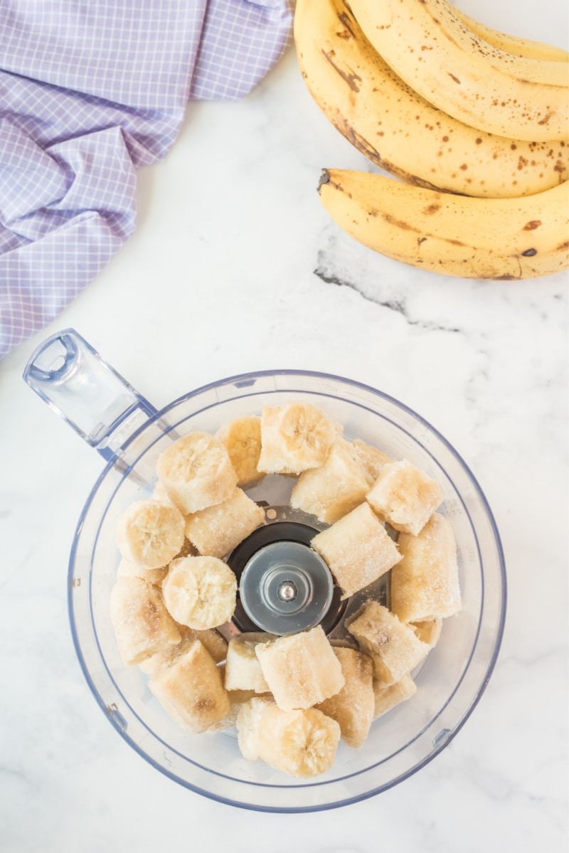 frozen banana chunks in food processor bowl