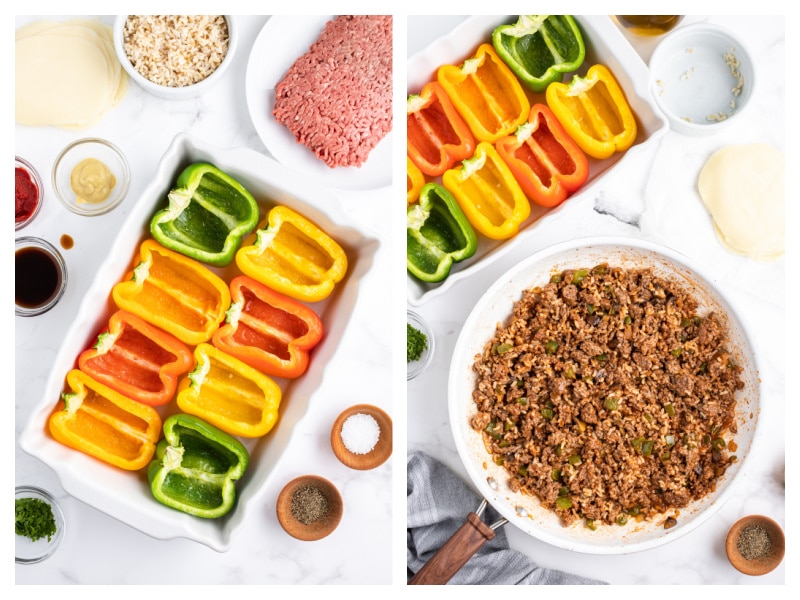 two photos showing hollowed out bell peppers and then cooked beef in a pan