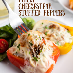 pinterest image for philly cheesesteak stuffed peppers