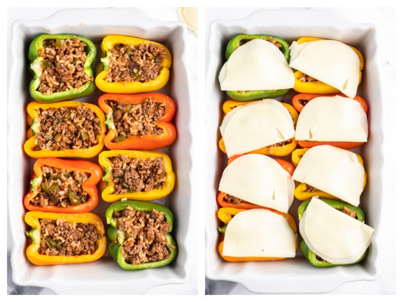 two photos showing stuffed peppers and then cheese on top