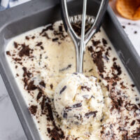 stracciatella gelato in a tub with an ice cream scoop of it scooped up