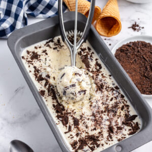 tub of stracciatella gelato with ice cream scoop of it inside