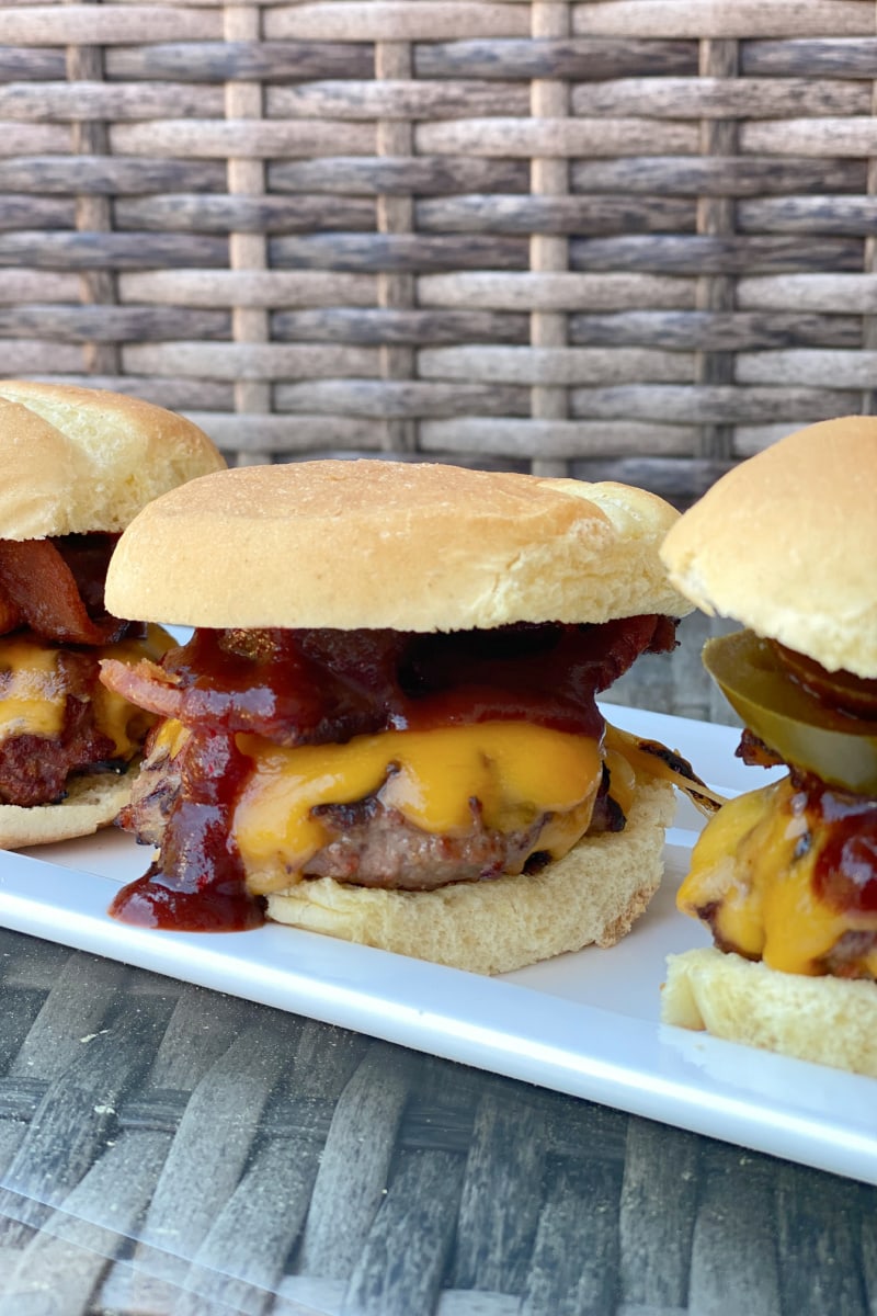 Cowboy Sliders recipe from RecipeGirl.com #cowboy #sliders #recipe #RecipeGirl cowboy sliders on a platter