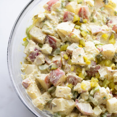 dill pickle potato salad in a bowl