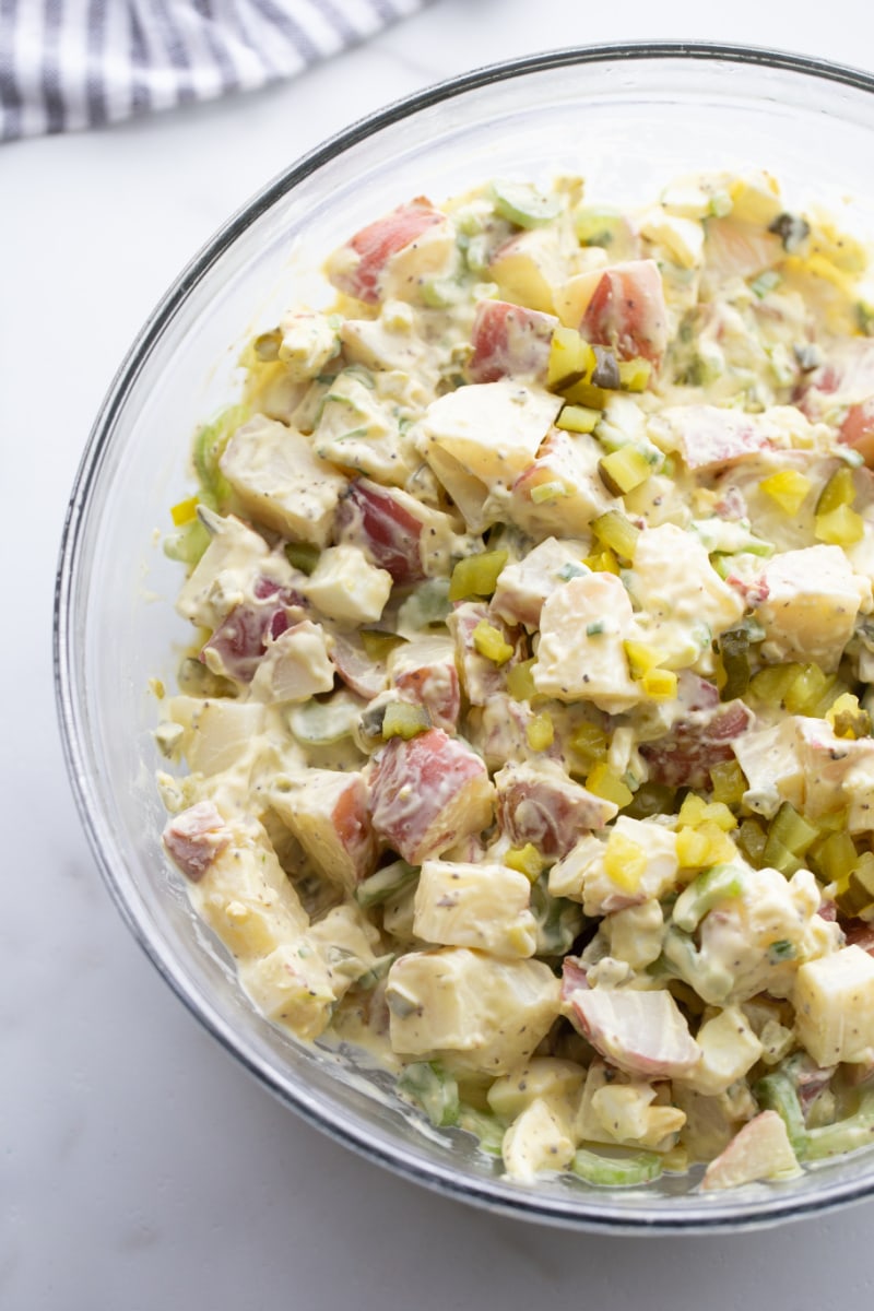 dill pickle potato salad in a bowl