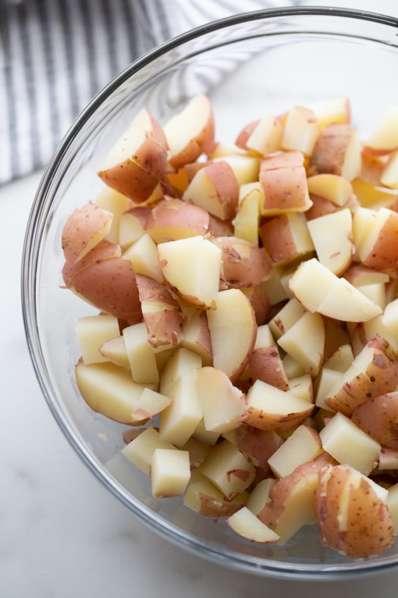 chopped red potatoes in a bowl