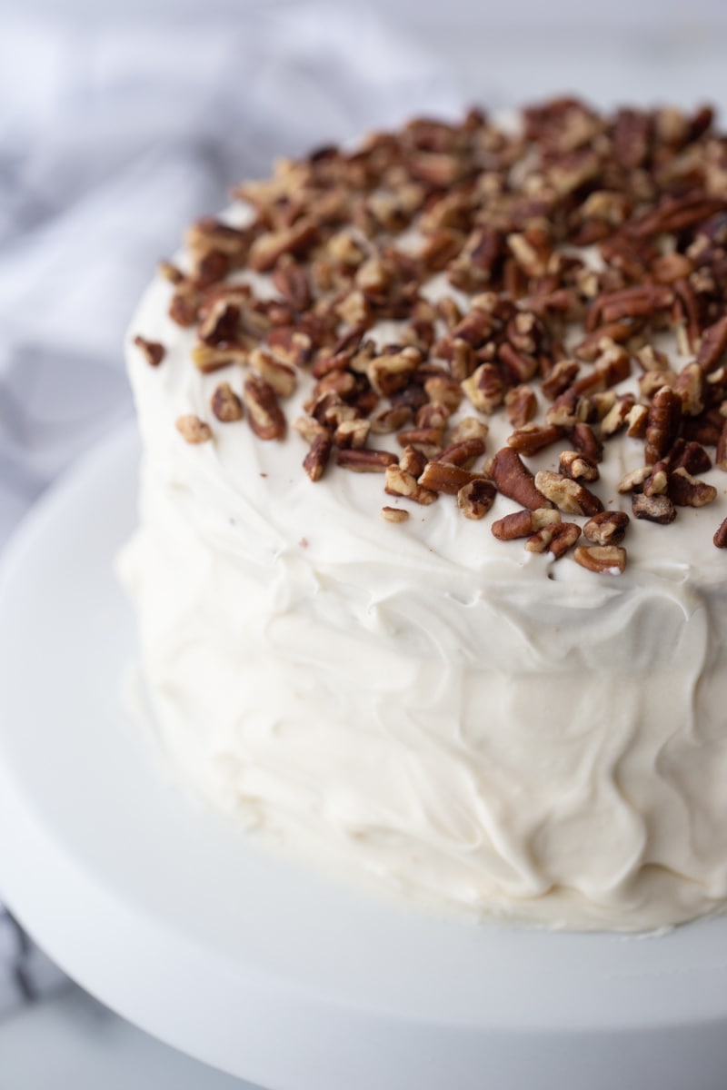 hummingbird cake on a white platter