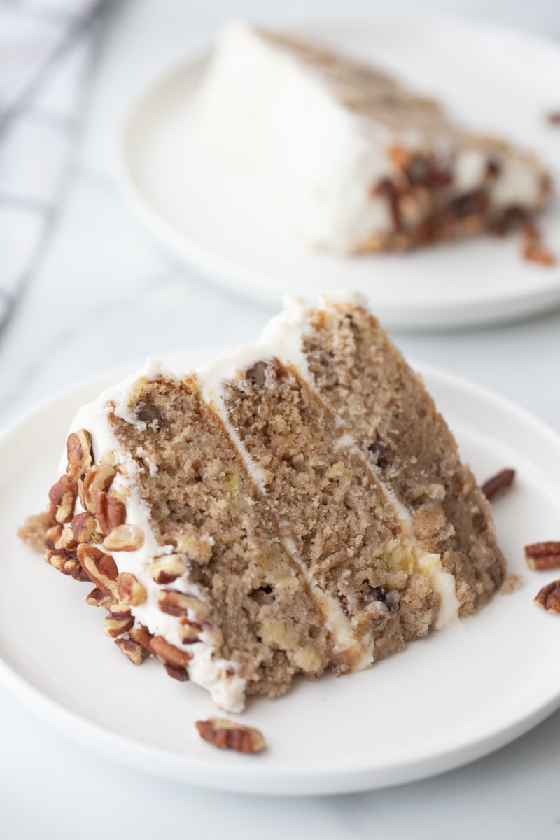 slice of hummingbird cake on a white platter