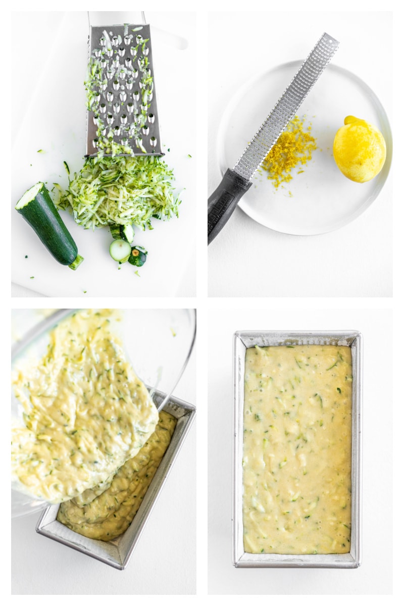 four photos showing process of making lemon zucchini bread batter and putting it into the pan